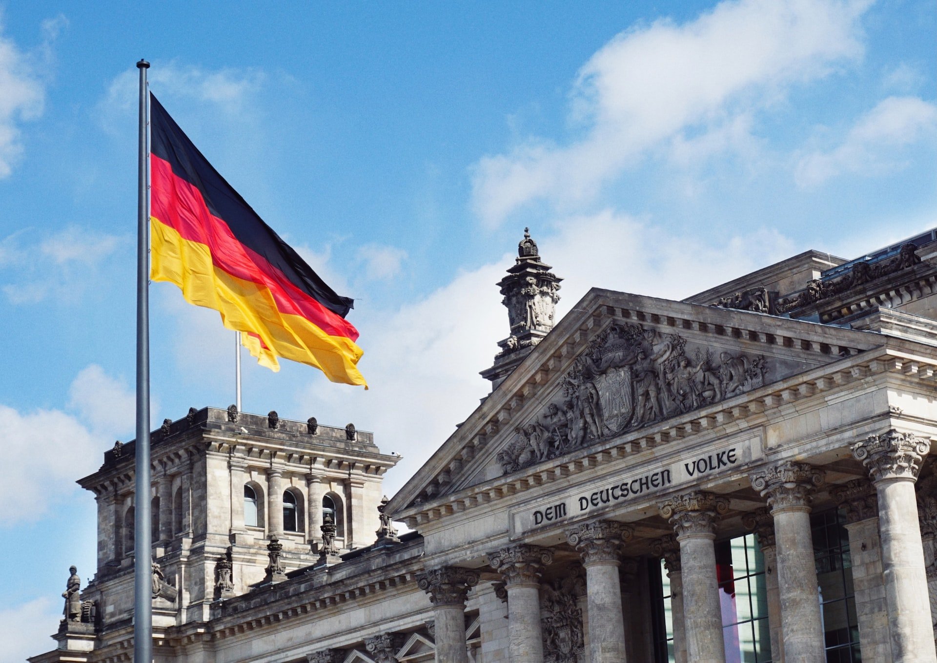 A German flag at Platz der Republik, Berlin, Germany.